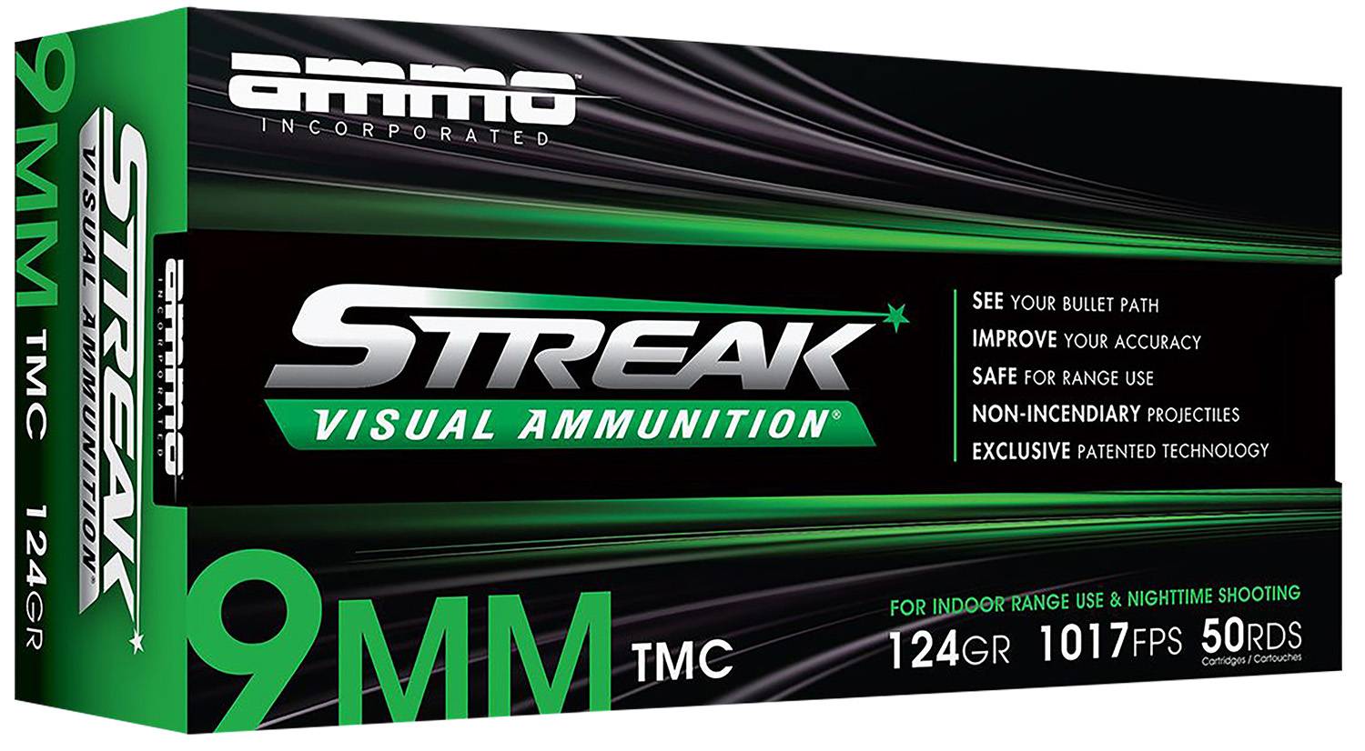 Ammo Inc Streak 9mm 124 Grain TMC Non-Incendiary Green Tracer 50 Rounds